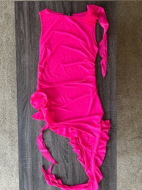 Bella Barnett Fuchsia Asymmetrical Ruffle Mesh Dress | Size XL